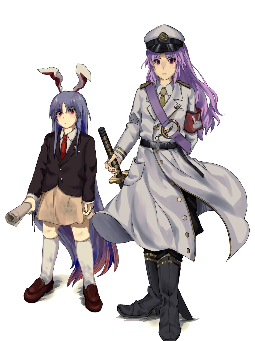 2girls absurdres armband black_jacket black_pants brown_skirt coat expressionless hat height_difference highres holding holding_sword holding_weapon jacket looking_at_viewer military_hat military_uniform multiple_girls necktie pants purple_eyes purple_hair red_armband red_eyes red_necktie reisen_(touhou_bougetsushou) reisen_udongein_inaba shirt skirt suit_jacket sword touhou uniform weapon white_background white_coat white_shirt yukine_0930