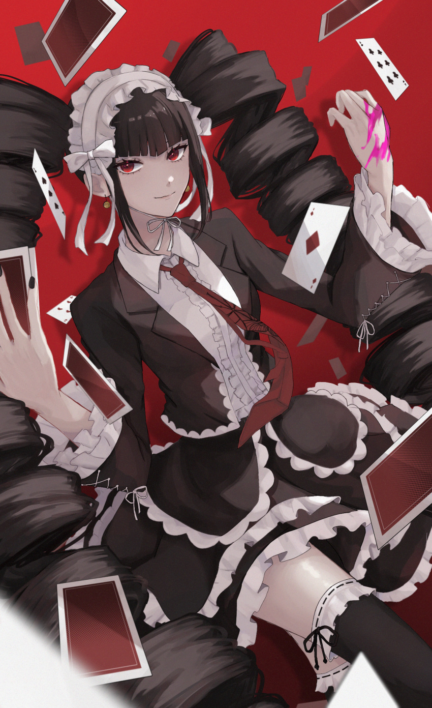 1girl aimomushi black_hair blood bonnet card celestia_ludenberg center_frills cowboy_shot danganronpa:_trigger_happy_havoc danganronpa_(series) drill_hair earrings frills gothic_lolita highres jacket jewelry layered_skirt lolita_fashion long_hair long_sleeves looking_at_viewer necktie pink_blood playing_card red_background red_eyes red_necktie revision shiny_skin shirt skirt smile solo thighhighs twin_drills twintails