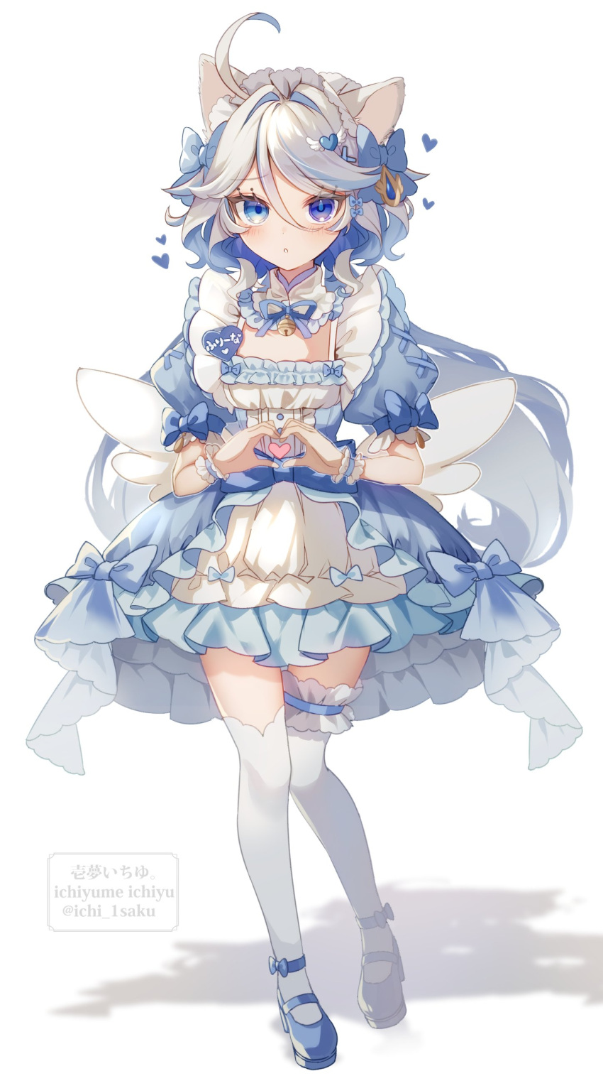 1girl absurdres ahoge alternate_costume animal_ears artist_name bell blue_bow blue_dress blue_eyes blue_footwear blue_gemstone blue_hair blue_ribbon bow buttons cat_ears commentary_request dress dress_bow drop-shaped_pupils fake_wings footwear_bow frills full_body furina_(genshin_impact) gem genshin_impact gold_trim grey_hair hair_between_eyes hair_bow hair_ornament hands_up headdress heart heart_hair_ornament heart_hands heterochromia highres ichiyume_ichiyu kemonomimi_mode long_hair looking_at_viewer mismatched_pupils multicolored_hair neck_bell neck_ribbon puffy_short_sleeves puffy_sleeves ribbon shadow shoes short_sleeves sidelocks simple_background solo standing symbol-shaped_pupils teeth thighhighs two-tone_dress two-tone_hair watermark white_background white_dress white_headdress white_thighhighs wings wrist_cuffs x_hair_ornament