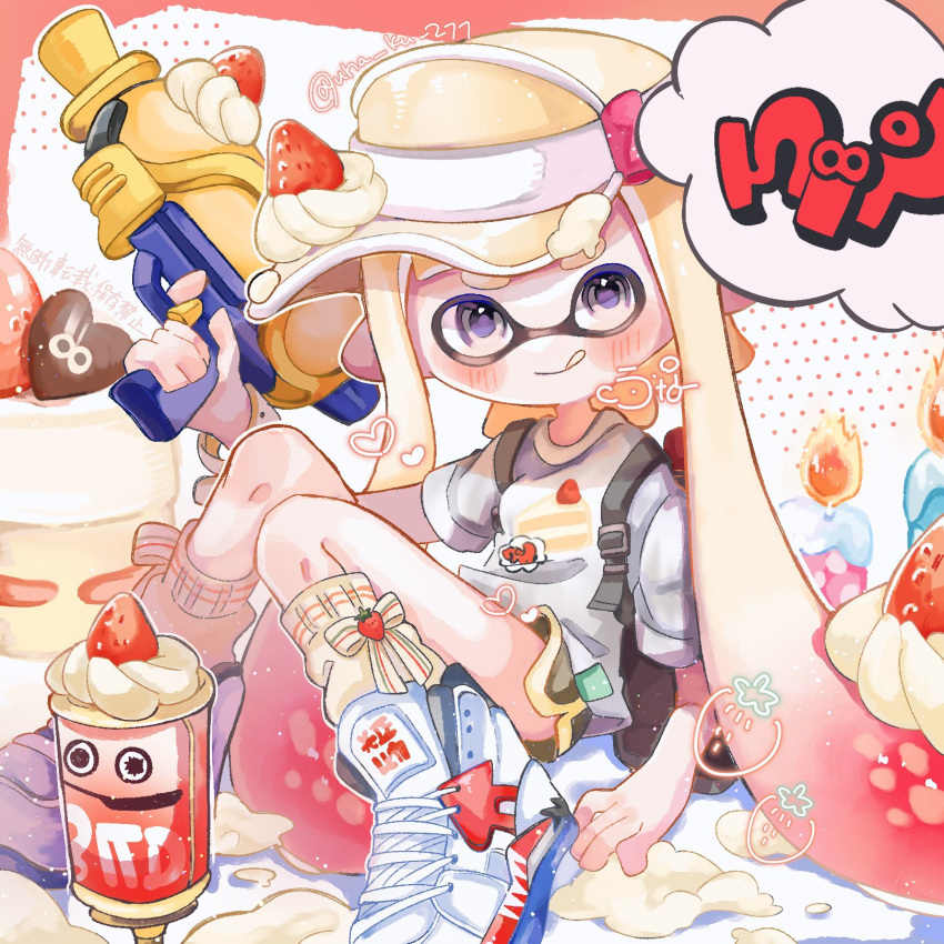 1girl artist_name cake candle chocolate commentary food fruit gradient_hair gun heart high_tops highres holding holding_gun holding_weapon inkling_(language) inkling_girl inkling_player_character long_hair looking_at_viewer multicolored_hair pointy_ears print_shirt purple_eyes red_hair shirt shoes sitting sneakers socks solo splatoon_(series) splatoon_3 splattershot_(splatoon) strawberry suction_bomb_(splatoon) symbol-only_commentary tentacle_hair thick_eyebrows twitter_username two-tone_hair una_ku_277 very_long_hair weapon whipped_cream white_footwear white_hair white_headwear white_shirt white_socks