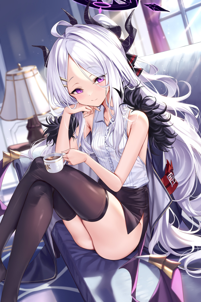 1girl ahoge bare_arms bare_shoulders black_halo black_horns black_jacket black_skirt black_thighhighs blue_archive closed_mouth coffee commentary_request couch crossed_legs cup demon_girl demon_horns demon_wings desk_lamp fur-trimmed_jacket fur_trim halo head_rest highres hina_(blue_archive) holding holding_cup horns indoors jacket jacket_on_shoulders knees_up ks_(xephyrks) lamp long_hair looking_at_viewer low_wings multicolored_horns on_couch parted_bangs purple_eyes purple_trim shirt sitting skirt sleeveless sleeveless_shirt solo thighhighs thighs very_long_hair wavy_hair white_hair white_shirt wings