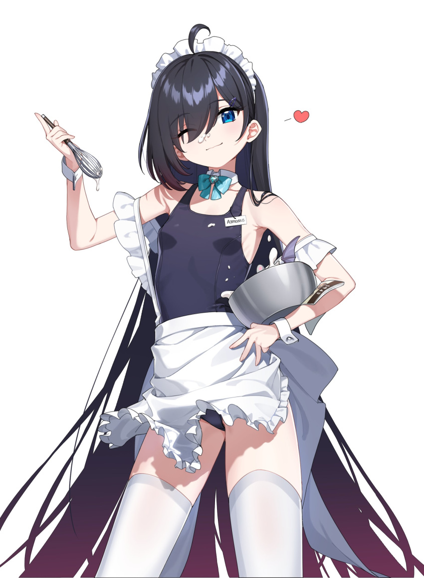 1girl absurdres alternate_costume apron armpits bare_shoulders batter black_hair blue_eyes bowl breasts controlline3 counter:side frilled_apron frills highres holding holding_bowl holding_whisk long_hair looking_at_viewer maid maid_apron maid_headdress mixing_bowl multicolored_hair name_tag one-piece_swimsuit one_eye_closed rosaria_le_friede small_breasts smile solo swimsuit thighhighs very_long_hair waist_apron whisk whisking white_apron white_thighhighs
