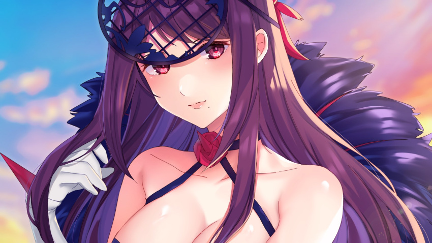 1girl bare_shoulders breasts cleavage cloud commentary_request edamameoka fire_emblem fire_emblem_engage gloves highres ivy_(fire_emblem) large_breasts long_hair looking_at_viewer mole mole_under_mouth outdoors portrait purple_eyes purple_hair smile solo very_long_hair white_gloves