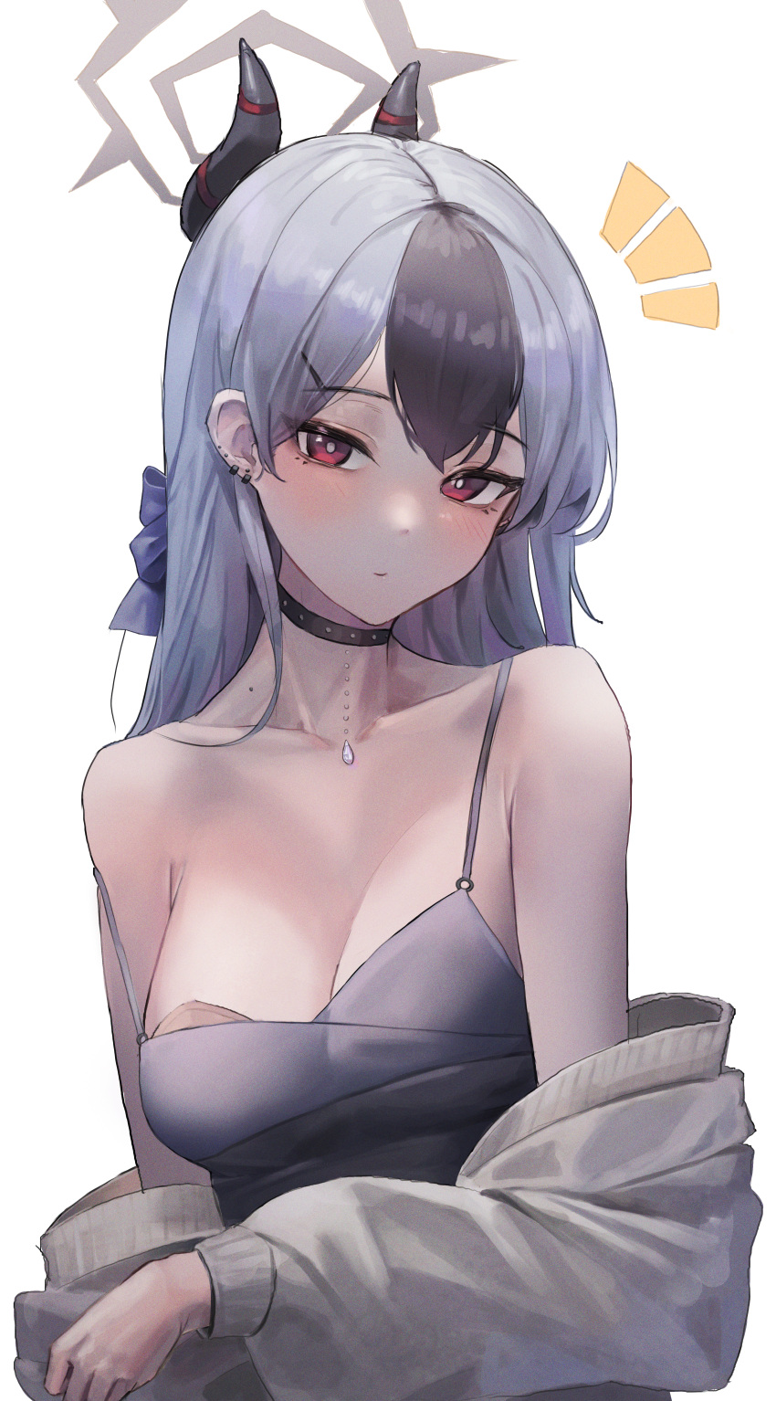 1girl absurdres black_choker black_dress black_hair black_horns blue_archive blush breasts choker closed_mouth collarbone demon_horns dress grey_hair grey_halo grey_jacket hair_between_eyes halo highres horns jacket kayoko_(blue_archive) kayoko_(dress)_(blue_archive) long_sleeves looking_at_viewer multicolored_hair official_alternate_costume open_clothes open_jacket puffy_long_sleeves puffy_sleeves red_eyes simple_background small_breasts solo upper_body uth_95 white_background