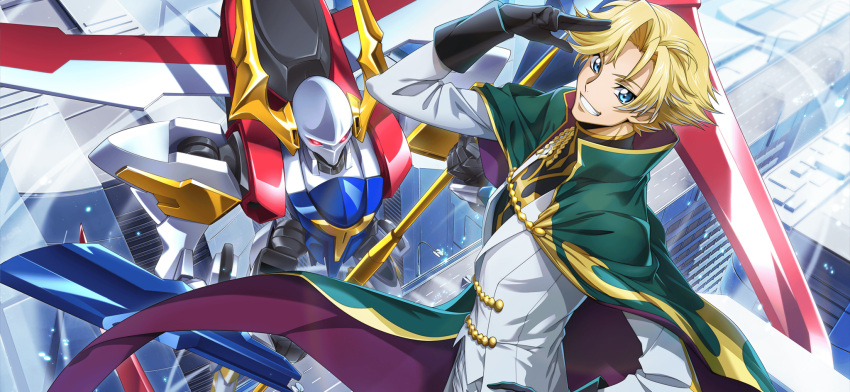 1boy arm_up artist_request black_gloves black_shirt blonde_hair blue_eyes cape city code_geass code_geass:_lost_stories double-sided_polearm from_side game_cg gino_weinberg gloves glowing glowing_eyes green_cape grin hair_intakes hand_on_own_hip happy high_collar highres holding holding_polearm holding_weapon jacket long_sleeves looking_at_viewer male_focus mecha military_uniform non-web_source official_art polearm red_eyes robot salute shirt short_hair sidelocks smile solo standing teeth tristan_(code_geass) two-finger_salute two-sided_cape two-sided_fabric uniform upper_body weapon white_jacket