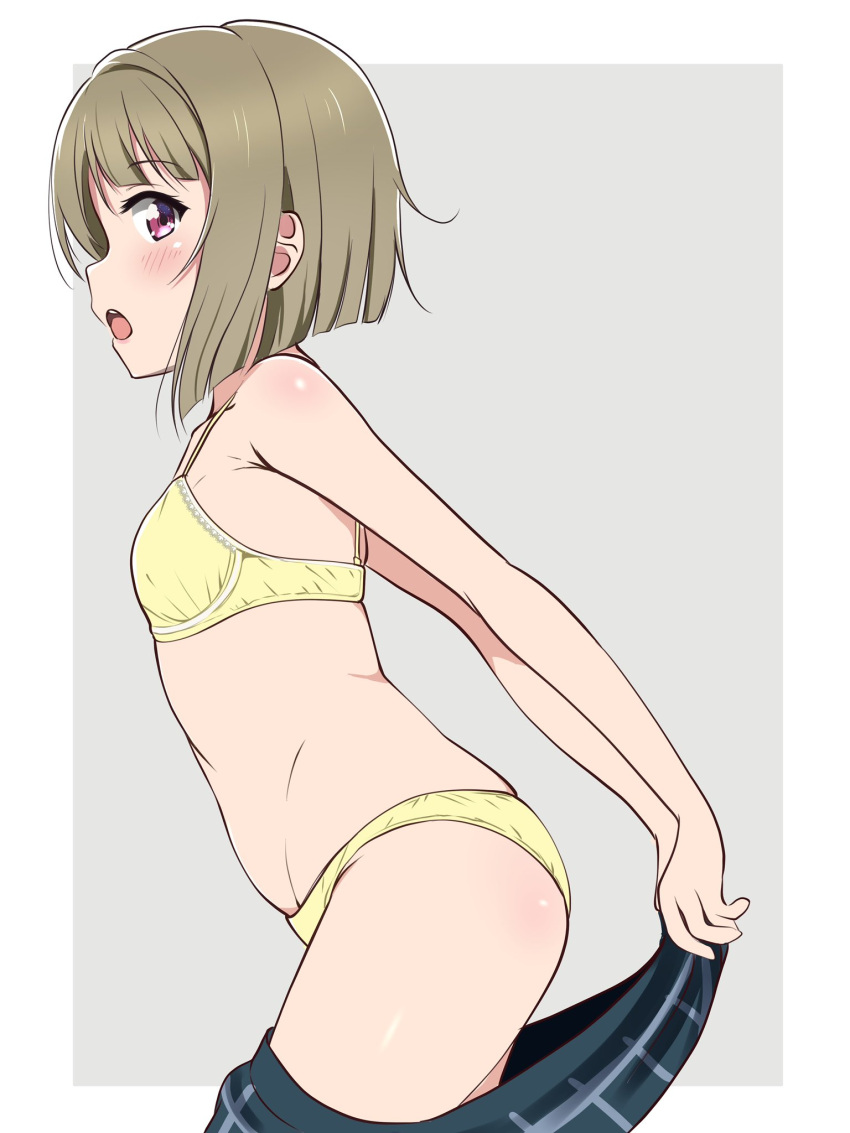 1girl arched_back ass bare_arms blunt_ends border borgbutler bra breasts brown_hair clothes_pull commentary_request green_skirt grey_background highres looking_at_viewer looking_to_the_side love_live! love_live!_nijigasaki_high_school_idol_club nakasu_kasumi open_mouth panties purple_eyes short_hair skirt skirt_pull small_breasts solo standing underwear white_border yellow_bra yellow_panties