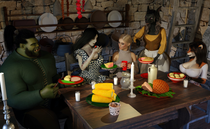 4_breasts absurd_res anthro big_breasts black_body black_fur breasts canid canine chadotexas cleavage clothed clothing container corn cup felid female food fox fur furniture glass glass_container glass_cup green_body green_skin happy hi_res human humanoid male mammal meat milk multi_breast orange_body orange_fur orc plant table undead white_body white_skin