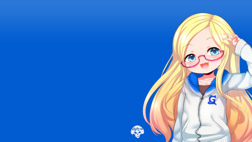 1girl :3 :d animal_ears arm_at_side blonde_hair blue_background blue_eyes blush born-to-die collarbone cowboy_shot emblem flat_chest gelbooru gelbooru-tan glasses gradient_hair hand_up happy highres hood hood_down hoodie jacket long_hair long_sleeves looking_at_viewer multicolored_hair official_art open_mouth orange_hair personification pink-framed_eyewear red-framed_eyewear semi-rimless_eyewear sidelocks simple_background sleeves_past_wrists smile solo standing swept_bangs tail under-rim_eyewear v very_long_hair zipper