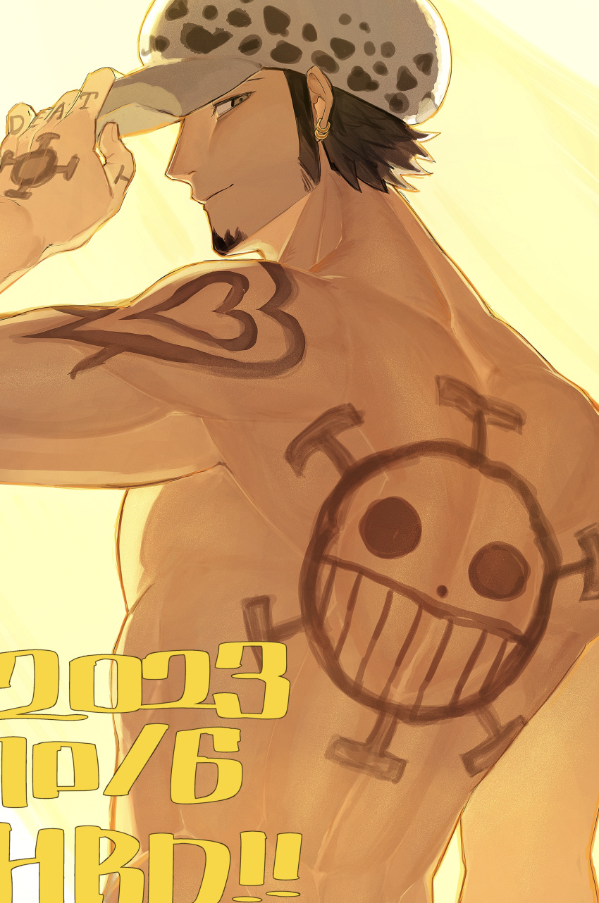 1boy absurdres back back_tattoo black_hair dated earrings facial_hair goatee grey_eyes hand_tattoo happy_birthday hat heart heart_tattoo highres jewelry long_sideburns looking_back male_focus one_piece short_hair shoulder_tattoo sideburns solo tattoo tokoni_fusu topless_male trafalgar_law white_headwear