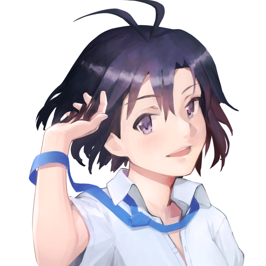 1girl absurdres adjusting_hair antenna_hair black_hair blue_necktie close-up collared_shirt commentary dress_shirt floating_neckwear hair_between_eyes hand_up highres idolmaster idolmaster_(classic) kikuchi_makoto looking_at_viewer loose_necktie meiax messy_hair necktie parted_lips partially_unbuttoned portrait purple_eyes school_uniform shirt short_hair short_sleeves simple_background smile solo teeth uniform upper_teeth_only white_background white_shirt