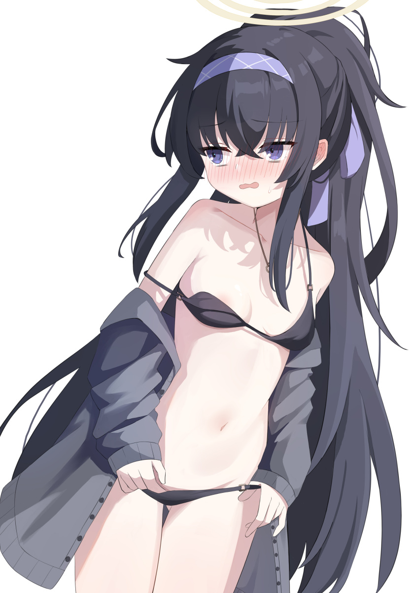 1girl absurdres areola_slip bags_under_eyes bikini black_bikini black_hair blue_archive blush breasts cardigan chun_jiang collarbone cowboy_shot crossed_bangs grey_cardigan hair_between_eyes hairband halo highres long_hair long_sleeves looking_to_the_side nose_blush o-ring o-ring_bikini o-ring_bottom o-ring_top off_shoulder official_alternate_costume open_mouth ponytail purple_eyes purple_hairband simple_background small_breasts solo strap_slip swimsuit ui_(blue_archive) ui_(swimsuit)_(blue_archive) very_long_hair wavy_mouth white_background yellow_halo