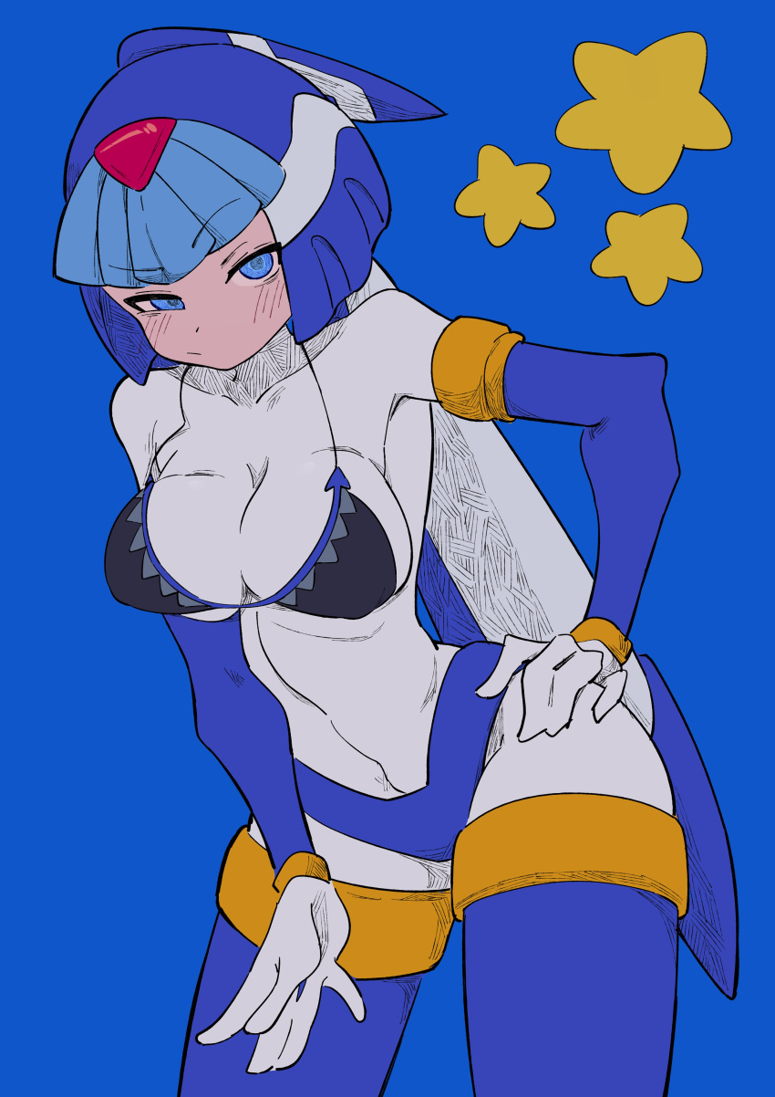 1girl absurdres android bikini bikini_top_only black_bikini blue_background blue_eyes blush bodysuit breasts buzzlyears collarbone covered_navel fairy_leviathan_(mega_man) forehead_jewel helmet highres large_breasts looking_at_viewer mega_man_(series) mega_man_zero_(series) robot_girl simple_background solo swimsuit white_bodysuit