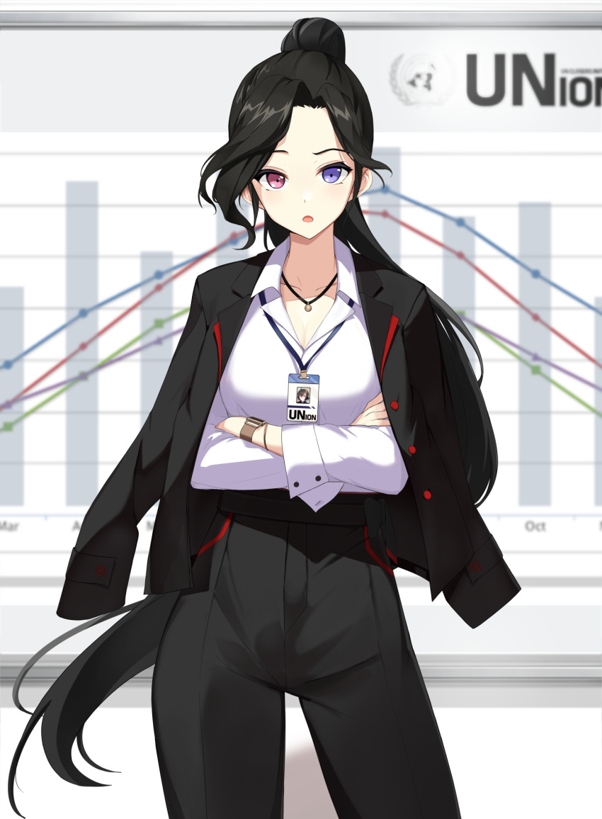 1girl :o bai_winchester bar_graph black_hair black_jacket black_pants blurry blurry_background breasts business_suit cleavage closers collared_shirt cowboy_shot crossed_arms dress_shirt frown graph_(object) heterochromia highres id_card jacket jacket_on_shoulders jewelry lanyard long_hair long_sleeves looking_at_viewer office_lady official_art pant_suit pants pendant pink_eyes ponytail purple_eyes shirt shirt_tucked_in solo suit suit_jacket very_long_hair watch white_background white_shirt wristwatch