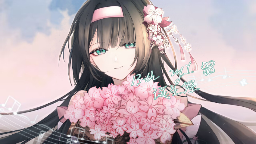 1girl aqua_eyes bare_shoulders black_hair bouquet closed_mouth commentary english_commentary flower hair_ornament hairband highres long_hair looking_at_viewer musical_note pink_flower pink_hairband smile solo umiotoji_kawa upper_body vocaloid vy1