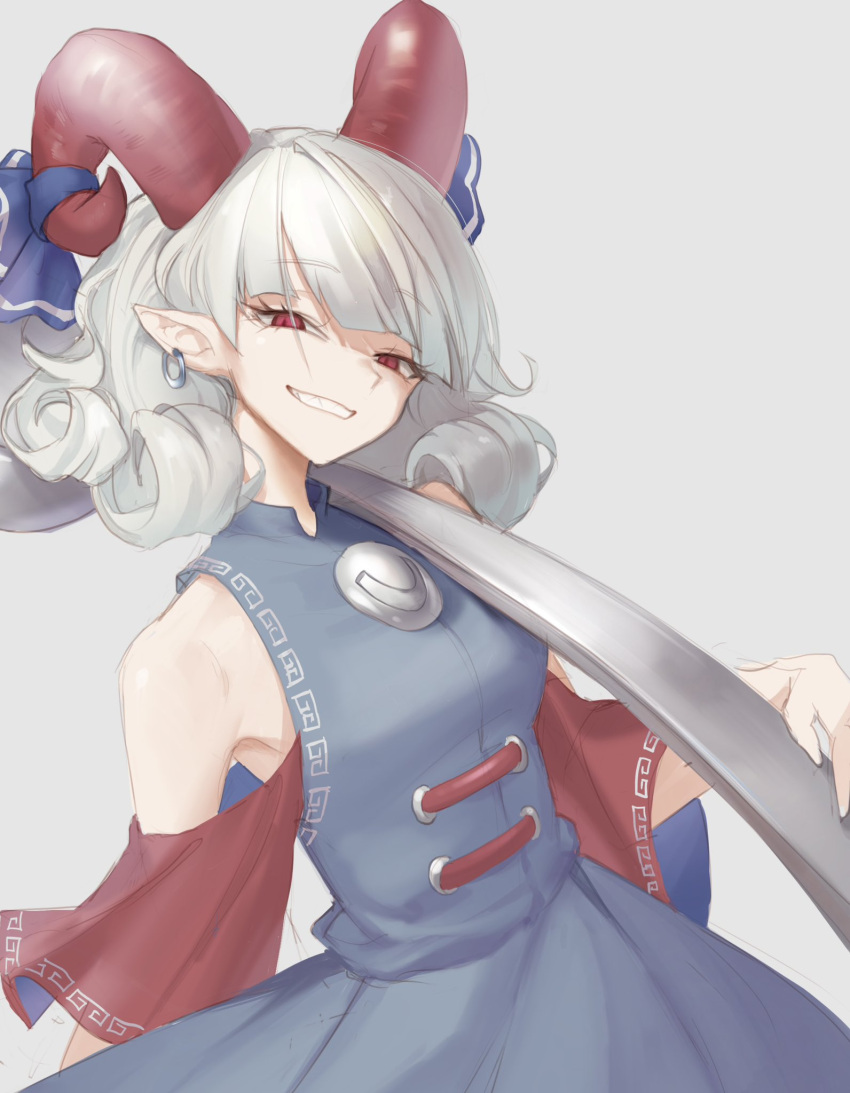 1girl bare_shoulders blue_bow bow cowboy_shot curly_hair earrings grey_background grey_hair grin highres holding holding_weapon horn_bow horn_ornament horns jewelry looking_at_viewer medium_hair orchid_(pixiv3730518) over_shoulder pointy_ears red_eyes red_horns red_sleeves ribbon sharp_teeth sheep_horns simple_background smile solo teeth touhou toutetsu_yuuma weapon weapon_over_shoulder