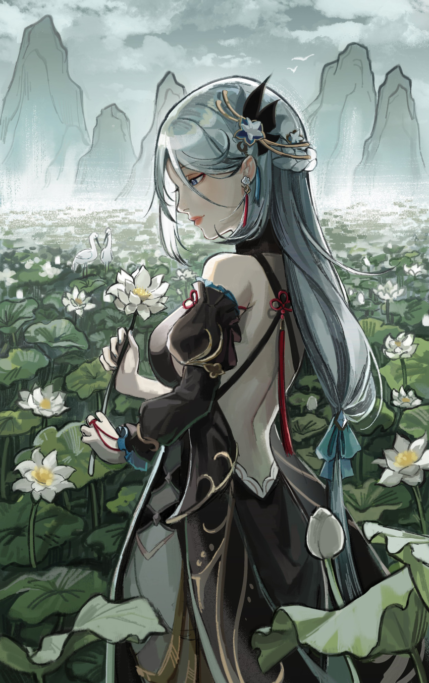 absurdres backless_dress backless_outfit bird black_dress black_sleeves braid cloud cloudy_sky detached_sleeves dress earrings flower from_behind genshin_impact grey_eyes grey_hair grey_sky hair_ornament highres holding holding_flower jewelry lankie lily_pad lips long_hair looking_at_flowers low-tied_long_hair median_furrow mountain official_alternate_costume official_alternate_hairstyle outdoors shenhe_(frostflower_dew)_(genshin_impact) shenhe_(genshin_impact) sky swan upper_body water_lily_flower