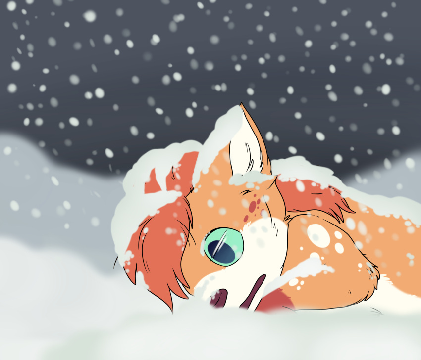 2019 brown_nose corpse covered_in_snow death death_stare female feral fur generation_1_pokemon hair hi_res inner_ear_fluff kaiizree lying lying_on_ground nintendo on_front orange_body orange_fur pokemon pokemon_(species) red_hair simple_background snow snowing solo teal_eyes tuft vulpix