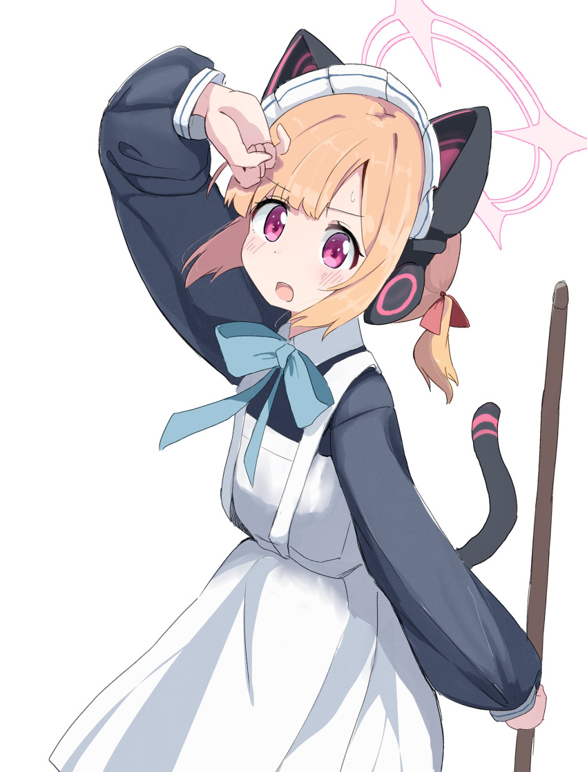 1girl absurdres animal_ear_headphones animal_ears apron arm_up black_dress blonde_hair blue_archive blue_bow blue_bowtie blush bow bowtie cat_ear_headphones cowboy_shot dress fake_animal_ears fake_tail hair_bow halo hand_on_own_head headphones highres holding holding_mop long_sleeves looking_at_viewer maid_apron maid_headdress momoi_(blue_archive) momoi_(maid)_(blue_archive) mop official_alternate_costume open_mouth penguin_potof pink_eyes pink_halo red_bow short_hair solo sweatdrop tail white_apron white_background