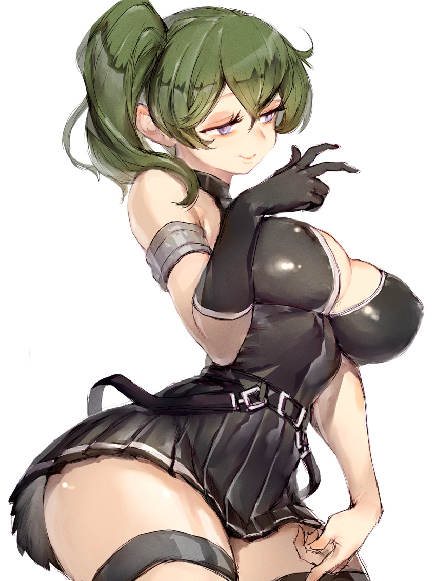 1girl bare_shoulders belt black_belt black_choker black_footwear black_gloves black_skirt boots breasts choker cleavage contrapposto fumio_(rsqkr) gloves green_hair halterneck highres large_breasts long_hair looking_at_viewer miniskirt pleated_skirt purple_eyes side_ponytail simple_background single_glove skirt smile solo sousou_no_frieren thigh_strap thighs ubel_(sousou_no_frieren) white_background