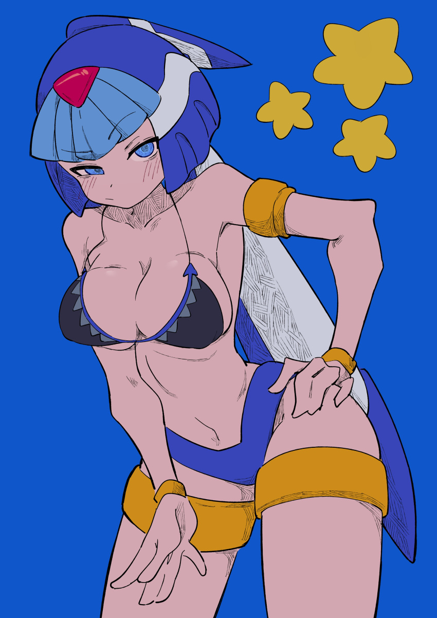 1girl absurdres bikini bikini_top_only black_bikini blue_background blue_eyes blush breasts buzzlyears collarbone fairy_leviathan_(mega_man) forehead_jewel helmet highres humanization large_breasts looking_at_viewer mega_man_(series) mega_man_zero_(series) navel simple_background solo swimsuit