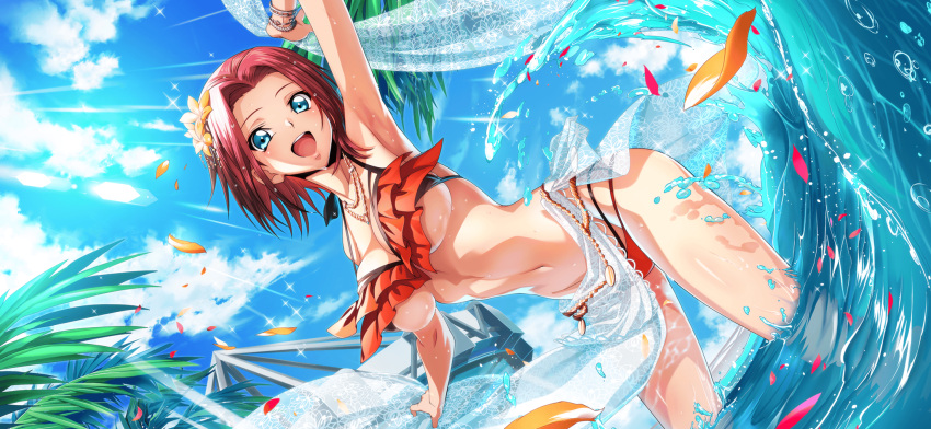 1girl arm_up armpits artist_request bikini blue_eyes blue_sarong blue_sky blush bracelet breasts caustics cloud code_geass code_geass:_lost_stories collarbone cowboy_shot day dutch_angle falling_petals flower forehead frilled_bikini_top game_cg hair_flower hair_intakes hair_ornament happy highres jewelry kallen_stadtfeld large_breasts light_blush light_rays looking_at_viewer multi-strapped_bikini_bottom navel necklace non-web_source ocean official_art open_mouth orange_flower outdoors petals red_hair sarong see-through shiny_skin short_hair sidelocks sky smile solo splashing standing stomach sunlight swimsuit teeth thighs tree two-tone_bikini underboob wading water waves