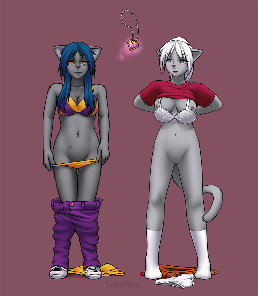 blue_hair bottomless bra breasts cat clothed clothing duo feline female grey_body hair half-dressed hypnosis kaisen mammal mind_control naomi nipples panties pants plain_background shirt shoes sleepymaid socks standing underwear undressing white_hair