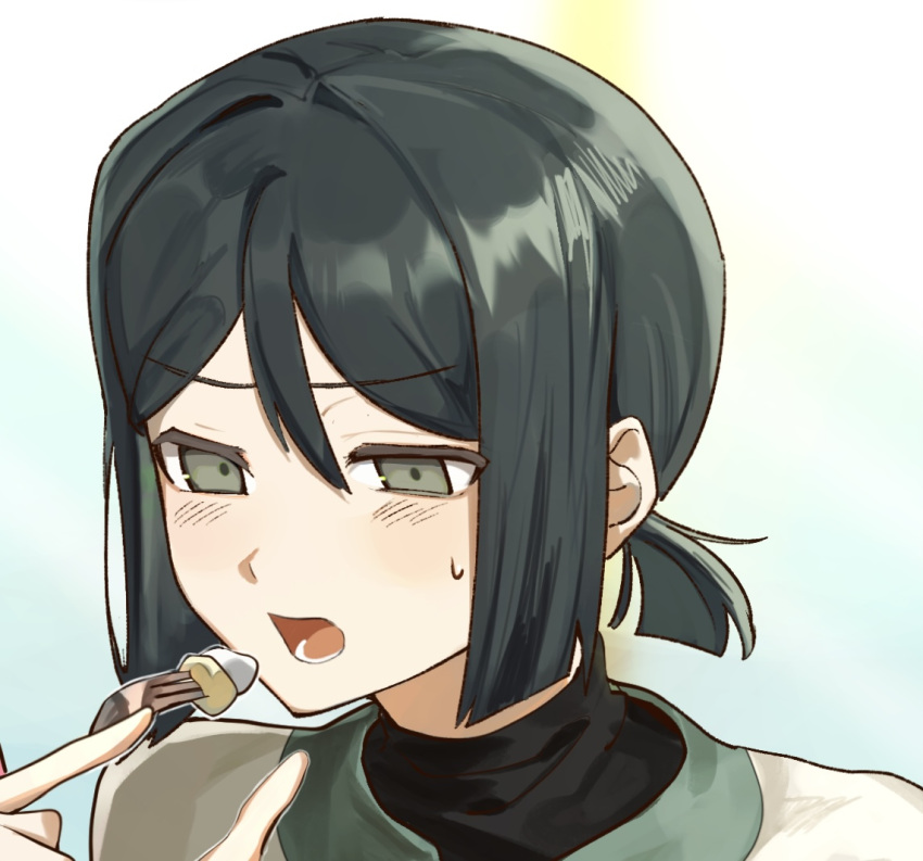 1boy black_hair blush eating fate/zero fate_(series) fork grey_eyes hair_between_eyes holding holding_fork imminent_bite looking_ahead lower_teeth_only male_focus portrait short_hair short_ponytail solo sweatdrop teeth tokoni_fusu waver_velvet white_background