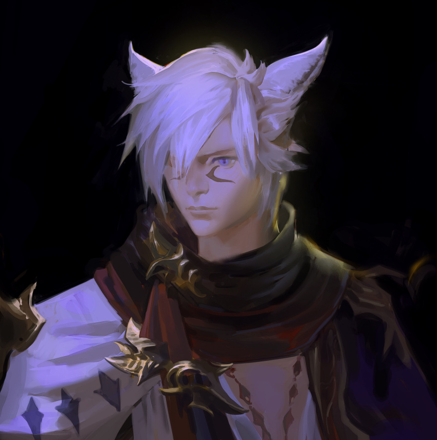 1boy absurdres animal_ears black_background blue_eyes cat_boy cat_ears closed_mouth commentary commission dark_background english_commentary facial_mark facial_tattoo faux_traditional_media final_fantasy final_fantasy_xiv hair_over_one_eye highres jewelry lips male_focus miqo'te purple_eyes scarf short_hair simple_background slit_pupils solo tattoo warrior_of_light_(ff14) white_hair yuming_li