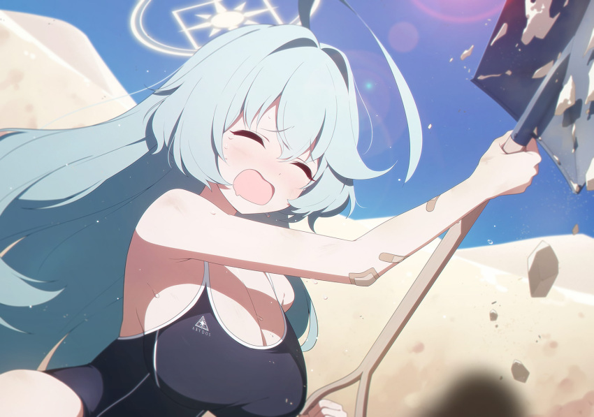 1girl abydos_high_school_swimsuit ahoge aqua_hair armpit_crease bandaid bandaid_on_arm bare_arms bare_shoulders black_one-piece_swimsuit blue_archive breasts closed_eyes crying desert digging dot_nose game_cg hair_between_eyes halo hands_up highres holding holding_shovel huge_ahoge large_breasts lens_flare long_hair new_school_swimsuit non-web_source official_art one-piece_swimsuit open_mouth outdoors sand school_swimsuit shovel solo sweat swimsuit yellow_halo yume_(blue_archive)