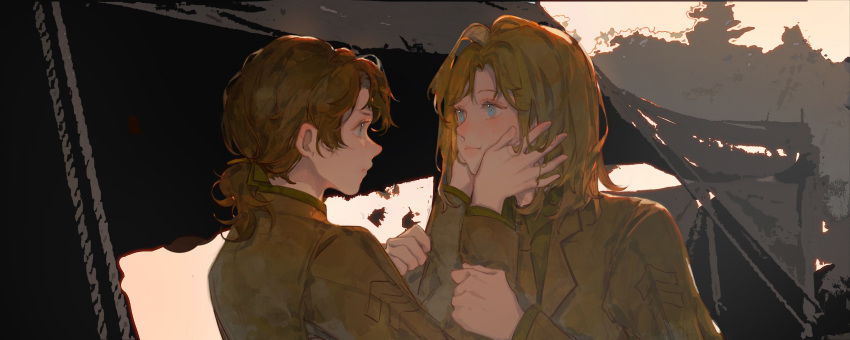 2girls :t absurdres blonde_hair blue_eyes brown_hair clenched_hands closed_mouth day genderswap genderswap_(mtf) green_background green_shirt hands_on_another's_arms hands_on_another's_cheeks hands_on_another's_face highres james_buchanan_barnes long_sleeves looking_at_another marvel marvel_cinematic_universe medium_hair military_uniform multiple_girls outdoors rope shirt short_ponytail standing steve_rogers sunlight tent uniform upper_body youlili