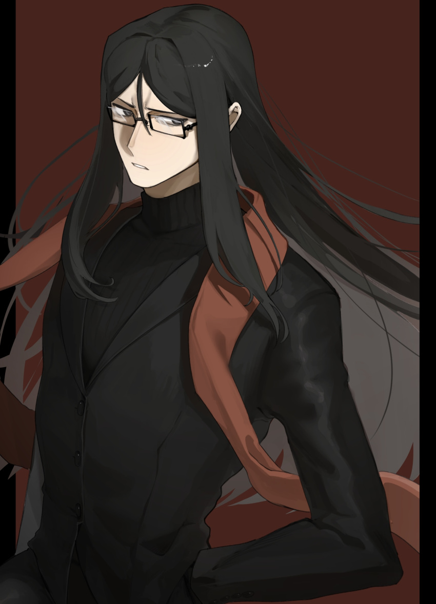 1boy black_border black_hair black_sweater border fate_(series) grey_eyes hair_between_eyes hand_in_pocket highres long_hair long_sleeves looking_to_the_side lord_el-melloi_ii male_focus orange_scarf parted_lips rectangular_eyewear red_background ribbed_sweater scarf solo sweater tokoni_fusu very_long_hair waver_velvet