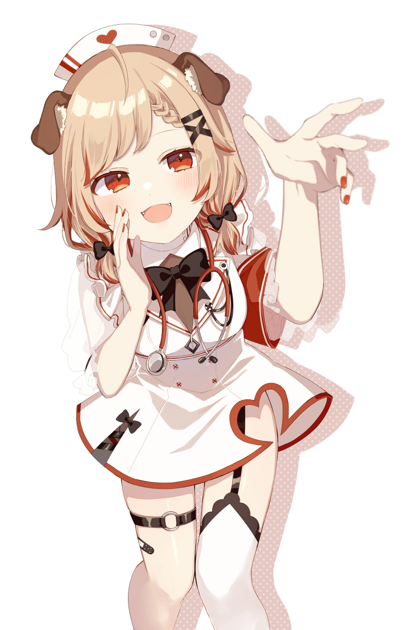 1girl :d absurdres animal_ear_fluff animal_ears arm_up black_bow bow breasts brown_hair dog_ears dress drop_shadow fangs garter_straps hair_bow hat highres low_twintails medium_breasts multicolored_hair nail_polish nanashi_inc. nurse nurse_cap red_eyes red_hair red_nails seshima_rui short_twintails single_thighhigh smile sofra solo stethoscope streaked_hair thighhighs twintails virtual_youtuber white_background white_dress white_headwear white_thighhighs