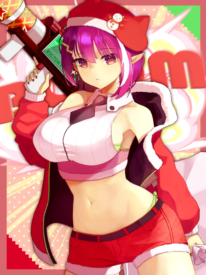 1girl absurdres bemani bra breasts cannon=xxxx christmas green_bra green_panties gun hat hat_ornament highres holding holding_cannon holding_gun holding_weapon large_breasts looking_at_viewer multicolored_hair navel necktie ornament panties pink_eyes pointy_ears purple_hair rocket_launcher sack santa_costume santa_hat snowman_hat_ornament solo sound_voltex tongari_kin two-tone_hair underwear weapon white_hair