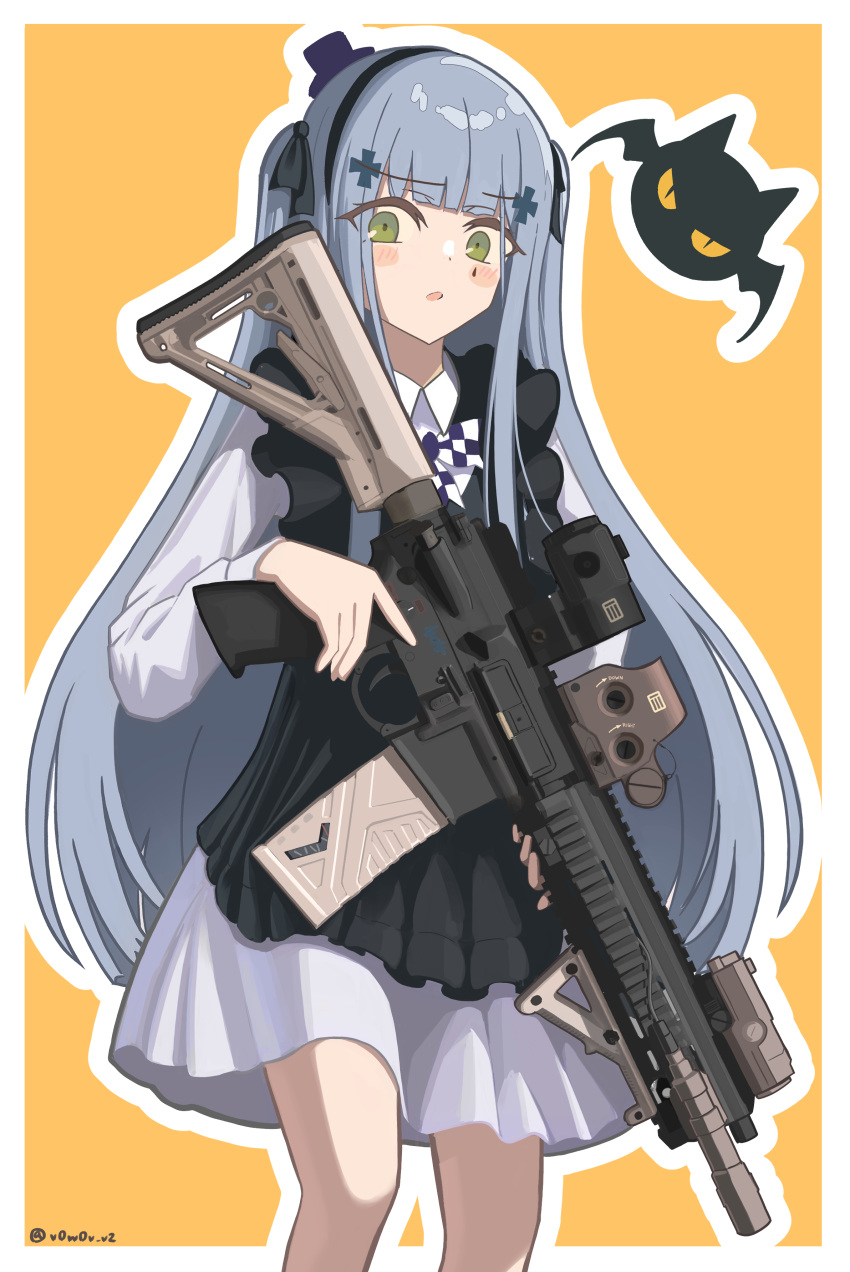1girl absurdres apron assault_rifle black_apron black_hairband blue_hair blush_stickers bow bowtie checkered_bow checkered_bowtie checkered_clothes cowboy_shot cross_hair_ornament dress frilled_apron frills girls'_frontline green_eyes gun h&amp;k_hk416 hair_ornament hairband hat highres hk416_(black_kitty's_gift)_(girls'_frontline) hk416_(girls'_frontline) holding holding_gun holding_weapon long_hair looking_at_viewer mini_hat mini_top_hat official_alternate_costume orange_background parted_lips purple_headwear rifle solo teardrop_facial_mark teardrop_tattoo top_hat trigger_discipline twitter_username two-tone_background v0w0v_v2 very_long_hair weapon white_dress