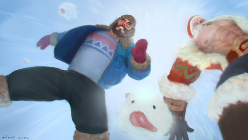 2boys a0secret abs bara bare_pectorals beard boots braum_(league_of_legends) character_request christmas clenched_teeth explosion facial_hair feet_out_of_frame from_above fur-trimmed_headwear fur_trim gloves graves_(league_of_legends) hat jacket large_pectorals league_of_legends male_focus mature_male multiple_boys muscular muscular_male navel nipples open_clothes open_jacket pectorals santa_boots santa_costume santa_hat short_hair snow spread_legs stomach strongman_waist teeth thick_beard thick_eyebrows thick_thighs thighs