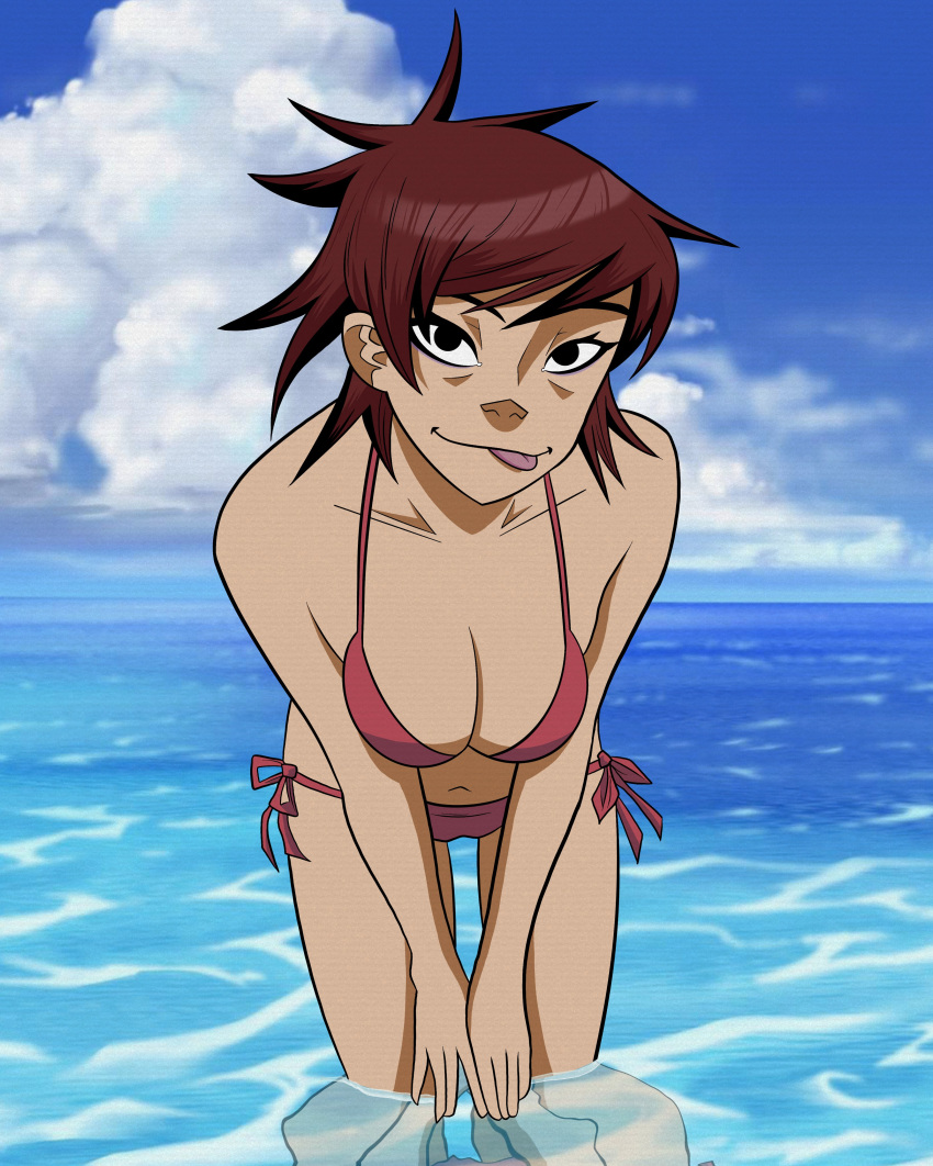 1girl absurdres bent_over bikini black_eyes blue_sky breasts breasts_squeezed_together cloud commentary gorillaz harrisartz highres looking_at_viewer medium_breasts navel noodle_(gorillaz) ocean red_bikini red_hair short_hair side-tie_bikini_bottom sky solo swimsuit tongue tongue_out wading