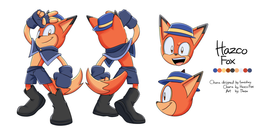 1boy :d absurdres animal_ears black_footwear blue_capelet blue_headwear blue_shorts boots capelet english_commentary fox fox_ears fox_tail furry furry_male hat hazco_fox highres multiple_views official_art orange_eyes reference_sheet second-party_source shorts smile tail teeth thasa tongue upper_teeth_only v vip_virtual_players virtual_youtuber