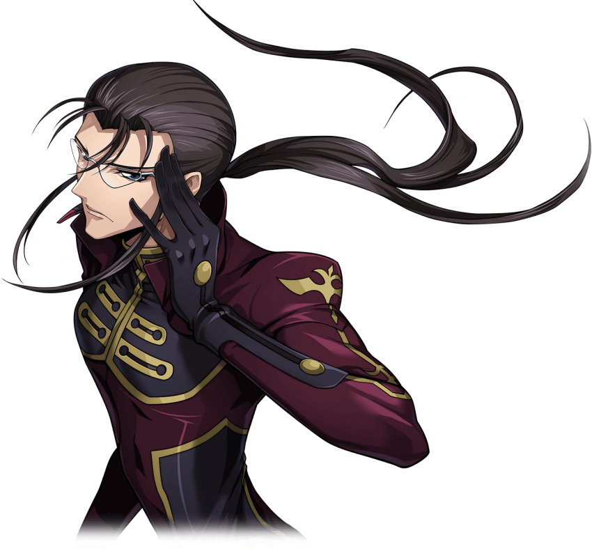 1boy adjusting_eyewear arm_at_side artist_request bangs_pinned_back black_gloves blue_eyes bodysuit brown_hair closed_mouth code_geass code_geass:_lost_stories cropped_torso earpiece game_cg gilbert_guilford glasses gloves gold_trim hand_up highres long_hair looking_at_viewer male_focus military_uniform non-web_source official_art ponytail red_bodysuit rimless_eyewear simple_background solo standing transparent_background two-tone_bodysuit uniform upper_body