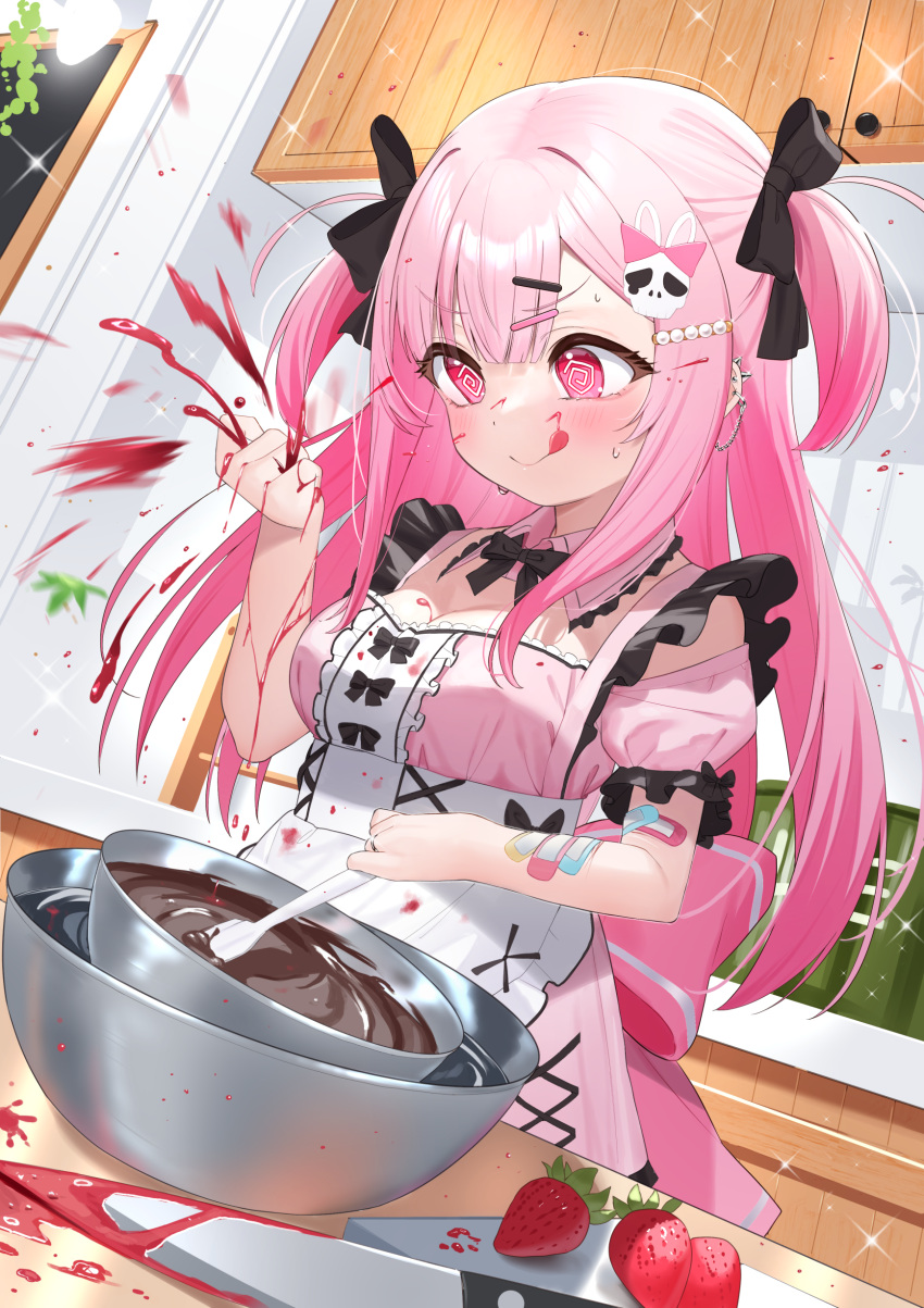 1girl :p @_@ absurdres apron bandaid bandaid_on_arm black_bow blush bow breasts chocolate cleavage closed_mouth collar commentary_request crushing detached_collar food frilled_apron frills fruit hair_bow hair_ornament hairclip highres holding indoors knife long_hair looking_down medium_breasts mixing_bowl original pink_bow pink_collar pink_hair pink_shirt pink_skirt puffy_short_sleeves puffy_sleeves purple_eyes rabbit_hair_ornament shirt short_sleeves skirt skull_hair_ornament smile solo spatula strawberry sweat tongue tongue_out tsukiman two_side_up v-shaped_eyebrows very_long_hair water white_apron wing_collar