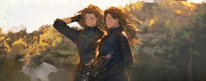 2girls absurdres adjusting_hair arm_up black_gloves blue_coat blue_eyes blurry blurry_background breasts brown_hair captain_america closed_mouth coat day forest genderswap genderswap_(mtf) gloves green_coat gun highres holding holding_gun holding_weapon james_buchanan_barnes large_breasts long_hair long_sleeves marvel marvel_cinematic_universe military_uniform multiple_girls nature outdoors photo_background rifle standing star_(symbol) steve_rogers sunlight tree uniform upper_body weapon winter_soldier youlili