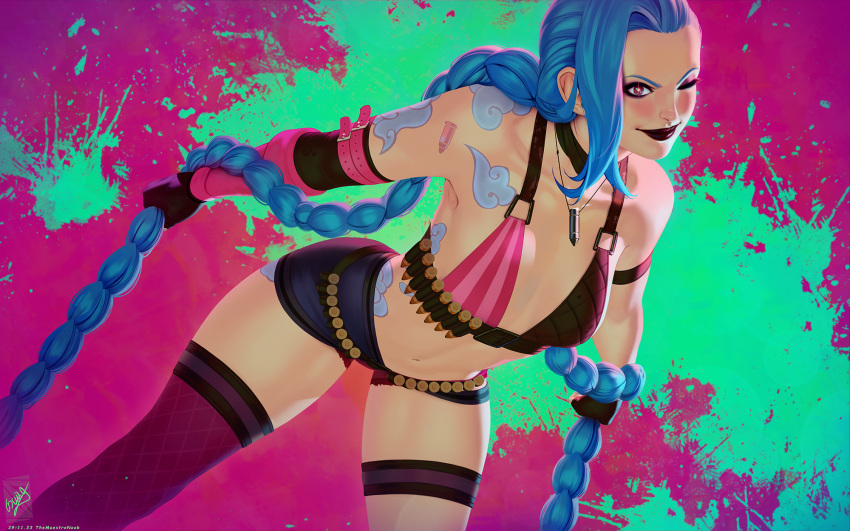 1girl arm_tattoo arrow_(symbol) bare_shoulders bent_over black_lips black_shorts braid breasts bullet cloud_tattoo collarbone feet_out_of_frame fingerless_gloves gloves glowing glowing_eye green_background green_hair highres holding holding_hair jinx_(league_of_legends) league_of_legends multicolored_background navel one_eye_closed pink_background pink_thighhighs rain red_eyes shorts shoulder_tattoo single_thighhigh small_breasts smile stomach tattoo themaestronoob thighhighs twin_braids twintails