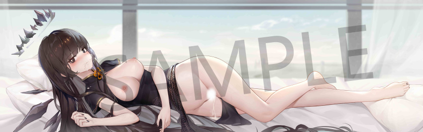 1girl absurdres after_fellatio after_sex after_vaginal ahoge alternate_costume arknights arm_rest bare_hips bare_legs barefoot bed_sheet black_dress black_eyes black_hair black_halo black_nails black_wings blue_sky blurry blurry_background blush breasts breasts_apart breasts_out bright_pupils broken_halo censored china_dress chinese_clothes chinese_commentary cleavage_cutout closed_mouth clothing_cutout cloud cloudy_sky colored_inner_hair commentary_request crossed_legs cum cum_in_mouth cum_on_clothes cumdrip dakimakura_(medium) dark_halo day depth_of_field detached_wings dress energy_wings eyelashes fingernails from_side full_body furrowed_brow grey_hair groin hair_flowing_over hair_spread_out half-closed_eyes halo head_on_pillow high_collar highres incredibly_absurdres indoors knees large_breasts legs light_smile lips long_hair looking_at_viewer looking_to_the_side lying multicolored_hair nail_polish navel nipples no_panties nose_blush on_bed on_side pale_skin pelvic_curtain pillow puffy_nipples sample_watermark saw272 shadow short_sleeves side_slit sidelocks sky solo stomach stray_pubic_hair sweat thighs toenail_polish toenails toes two-tone_hair variant_set very_long_hair virtuosa_(arknights) watermark white_pupils wide_hips window wings