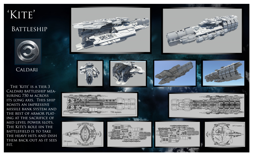 3d absurdres battlecruiser_(eve_online) blueprint_(medium) border caldari_state_(eve_online) commentary concept_art emblem english_text eve_online from_side highres incredibly_absurdres machinery military_vehicle multiple_views no_humans original reference_sheet science_fiction spacecraft thrusters vehicle_focus wbuxtonva white_border