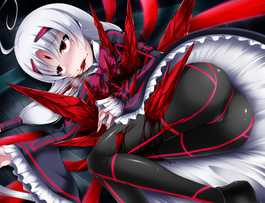 ahoge albino ass blood blood_from_mouth crystal dress forehead_jewel frilled_dress frills guro hair_ornament hair_tubes hairclip injury long_hair lying neon_trim on_side pantyhose red_eyes shimo_(depthbomb) solo twintails under_night_in-birth upskirt vatista very_long_hair white_hair wings