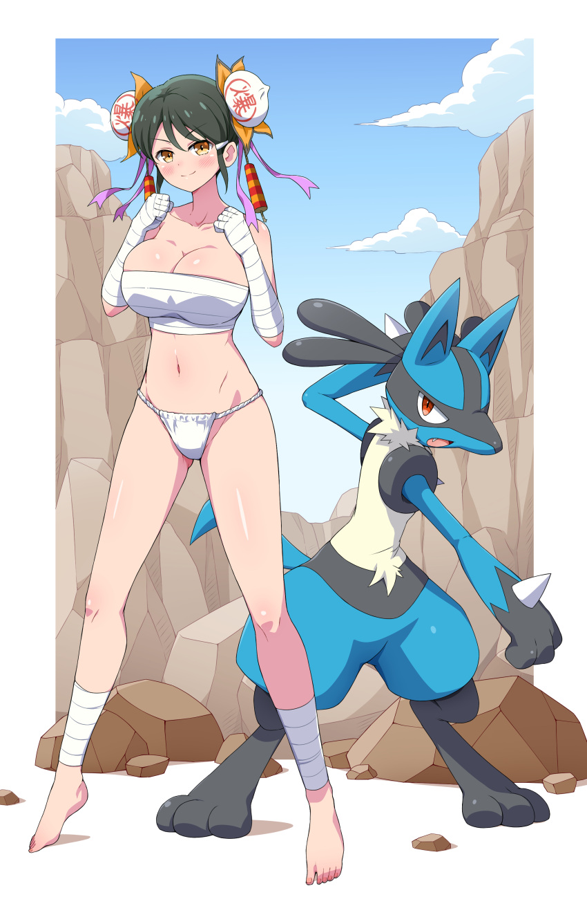 1girl absurdres animal_ears ass_visible_through_thighs bandaged_arm bandaged_fingers bandaged_hand bandaged_leg bandaged_wrist bandages baozi baozi_hair_ornament black_fur black_hair blue_fur blue_sky blush body_blush body_fur boulder breasts budget_sarashi chest_sarashi chinese_clothes cleavage clenched_hands cliff cloud collarbone commission crossover day double_bun eggman_(pixiv28975023) fang firecrackers food food-themed_hair_ornament fundoshi fuse groin hair_between_eyes hair_bun hair_ornament hairclip hairpin highres japanese_clothes large_breasts linea_alba looking_at_viewer lucario meimei_(senran_kagura) multicolored_fur open_mouth orange_eyes outdoors panties pokemon pokemon_(creature) purple_ribbon ribbon rock sarashi senran_kagura senran_kagura_new_wave shiny_skin short_hair skeb_commission sketch sky smile snout spikes standing swept_bangs tail tiptoes toenails underwear v-shaped_eyebrows white_panties yellow_fur