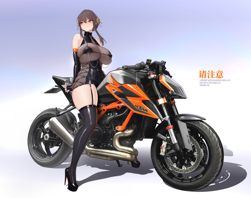 1girl absurdres bare_shoulders bikini black_dress black_footwear black_gloves blush bodysuit boots breastless_clothes breasts brown_bodysuit chain closed_mouth commentary_request covered_nipples curvy dress elbow_gloves gloves gold_hairband hairband high_heels highres huge_breasts jewelry looking_to_the_side micro_bikini motor_vehicle motorcycle nipple_piercing piercing red_eyes rekaerb_maerd simple_background sitting smile solo spy_x_family string_bikini swimsuit thick_thighs thighhighs thighs yor_briar