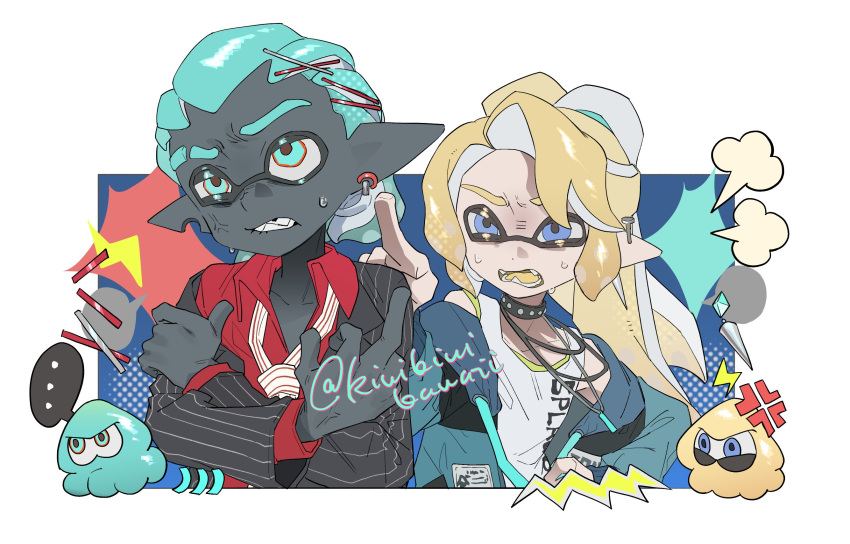 ... 2boys anger_vein artist_name black_skin black_suit blonde_hair blue_background blue_eyes blue_hair blue_jacket border colored_skin eyebrow_cut highres inkling_boy inkling_player_character jacket kiwi_splatoon lightning_bolt_symbol male_focus multiple_boys open_clothes open_jacket open_mouth outside_border pointy_ears shirt splatoon_(series) splatoon_3 spoken_ellipsis squid suit sweat teeth tentacle_hair white_border white_shirt