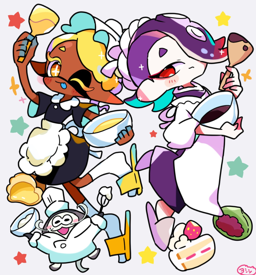 1boy 2girls :p apron big_man_(splatoon) black_dress blonde_hair bowl bright_pupils cake chef_hat commentary_request custard dark-skinned_female dark_skin dress eyelashes food frye_(splatoon) hair_over_one_eye hat highres holding holding_bowl holding_spatula medium_hair mochi multicolored_hair multiple_girls one_eye_closed pointy_ears purple_footwear purple_hair red_bean_paste red_eyes sandals shiver_(splatoon) slippers socks sparkle spatula splatoon_(series) splatoon_3 star-shaped_pupils star_(symbol) strawberry_shortcake symbol-shaped_pupils tentacle_hair thick_eyebrows tongue tongue_out two-tone_hair white_apron white_background white_headwear white_pupils white_socks yellow_footwear yoshishi_(yosisitoho)