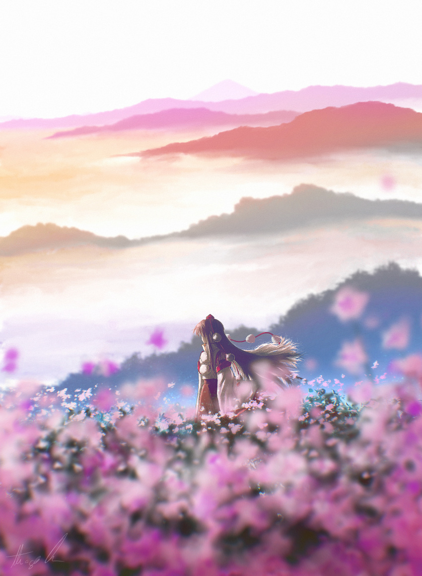 1girl above_clouds absurdres alternate_hair_color alternate_hair_length alternate_hairstyle alternate_universe black_skirt blurry blurry_foreground brown_hair cloud cloudy_sky commentary cosmos_(flower) detached_sleeves dusk facing_to_the_side floating_hair flower hat highres inubashiri_momiji landscape long_hair long_skirt mixed-language_commentary mountain mountainous_horizon no_animal_ears oubachiago outdoors pink_flower plant pom_pom_(clothes) red_headwear scenery shirt signature skirt sky solo standing tokin_hat touhou very_long_hair white_shirt wide_shot wide_sleeves