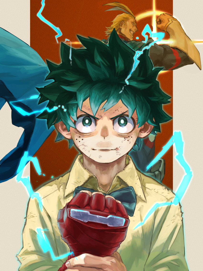 2boys absurdres adam's_apple aged_down all_might antenna_hair bags_under_eyes black_bow black_bowtie blonde_hair blue_cape blue_outline bodysuit boku_no_hero_academia bow bowtie bright_pupils brown_background bruise cape clenched_hand closed_mouth collared_shirt commentary_request determined diffraction_spikes electricity flexing floating_cape freckles green_eyes green_hair grin hand_on_own_wrist hand_up hands_up happy highres holding_own_wrist injury looking_at_viewer looking_to_the_side male_focus midoriya_izuku multiple_boys official_alternate_costume outline outside_border partial_commentary pillarboxed profile scratches shirt short_hair sideburns smile split_mouth straight-on superhero turning_head upper_body upturned_eyes v-shaped_eyebrows white_pupils wing_collar yagi_toshinori yellow_shirt yomoyama_yotabanashi